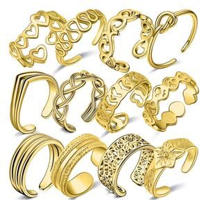 Yellow Gold Adjustable Boho Open Toe Rings - Set of 12
